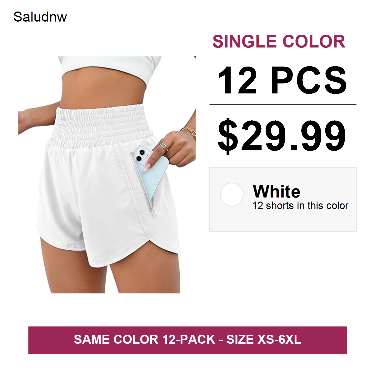 Single-color 12 pcs $29.99 women's athletic shorts - White