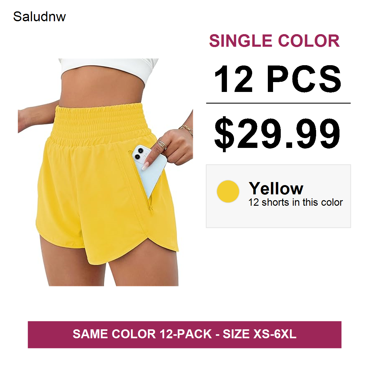 Single-color 12 pcs $29.99 women's athletic shorts - Yellow