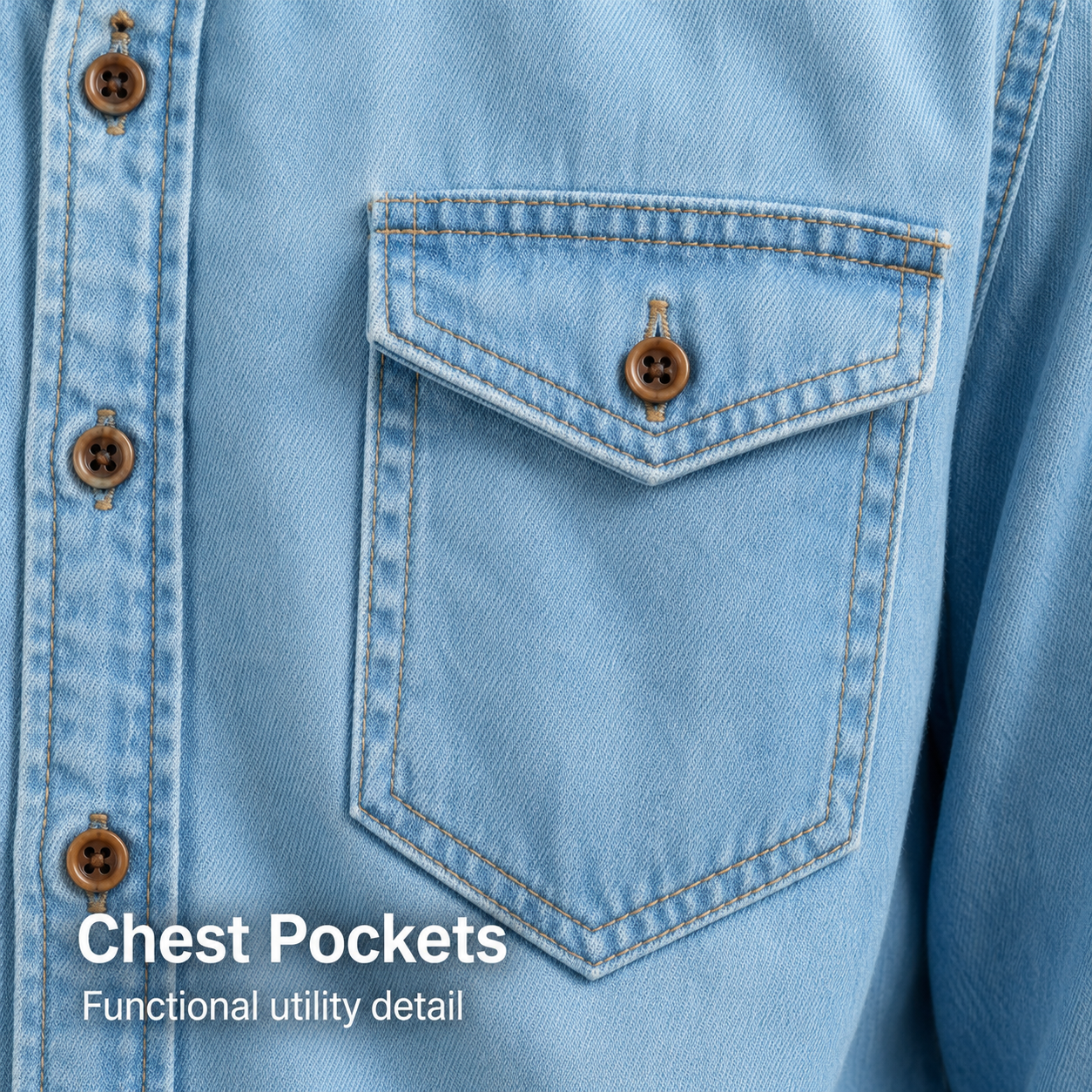 Chest pocket and button detail on denim shirt