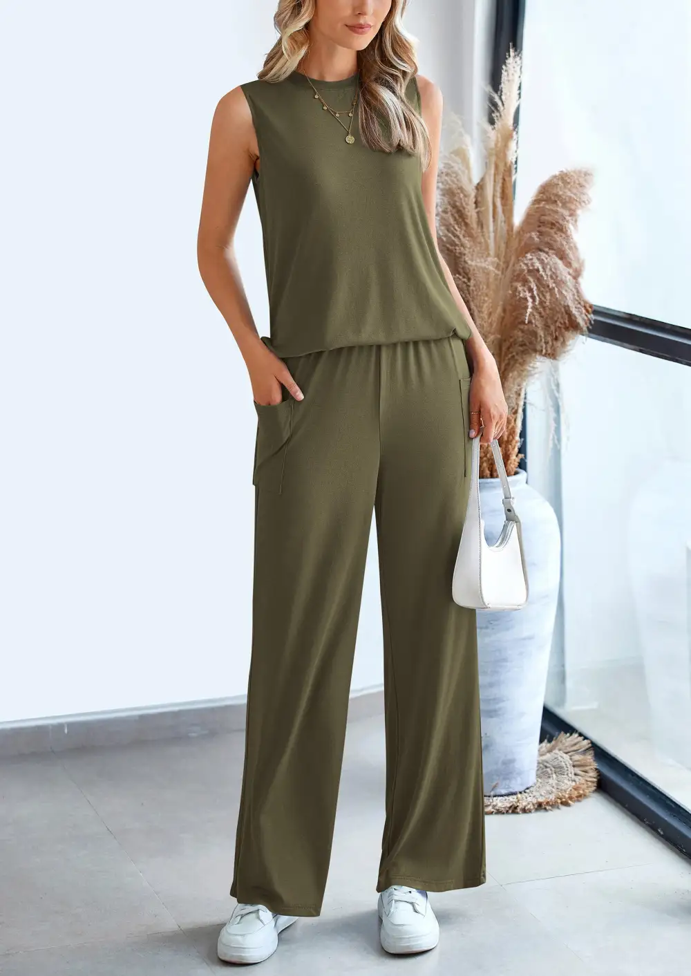 2 Piece Set LooseTank Top Wide Leg Pants CasualMatching Outfits Tracksuit