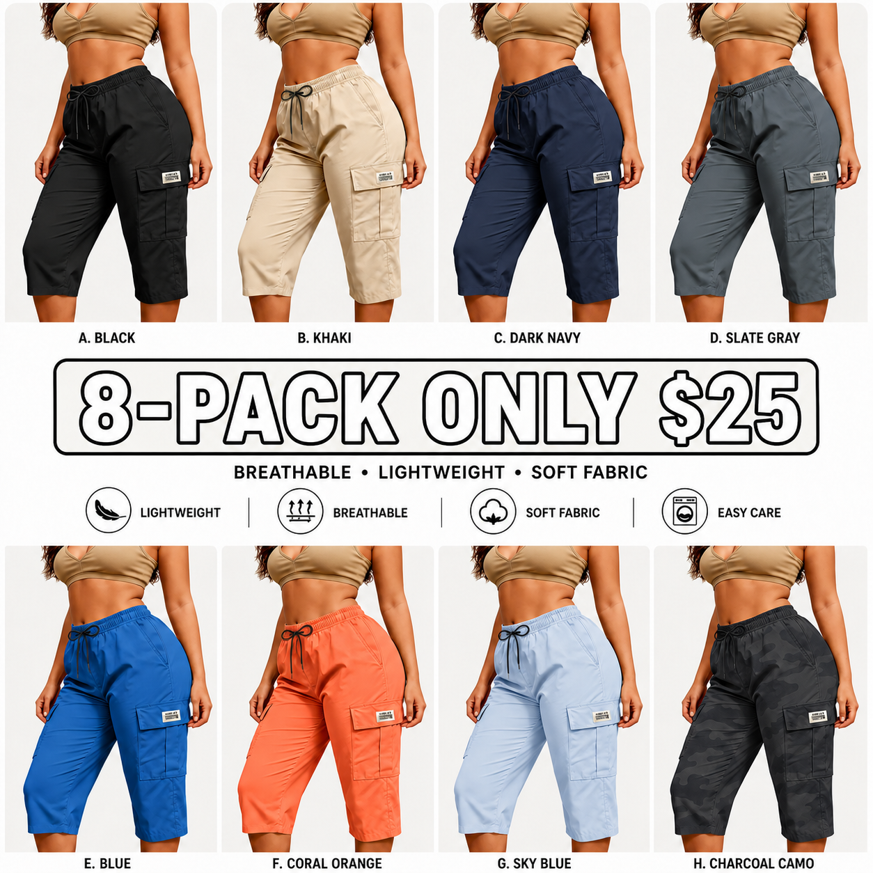 Women Solid Cargo Capri Pant Elastic Drawstring Waist Multi Flap Pockets