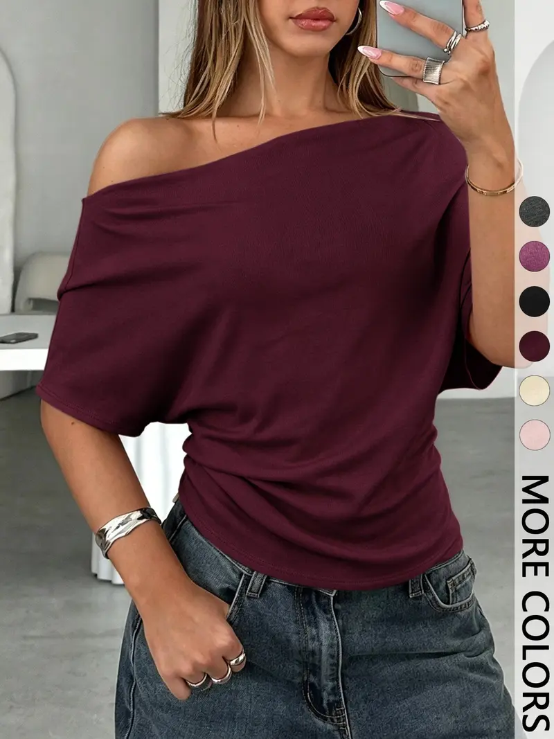 Burgundy off-shoulder draped batwing top