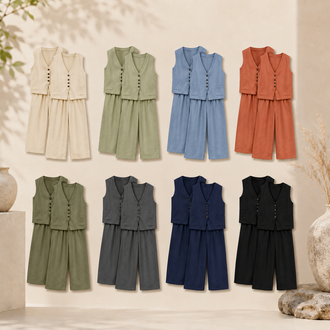 Linen-Like V-Neck Vest and Wide Leg Pants Set