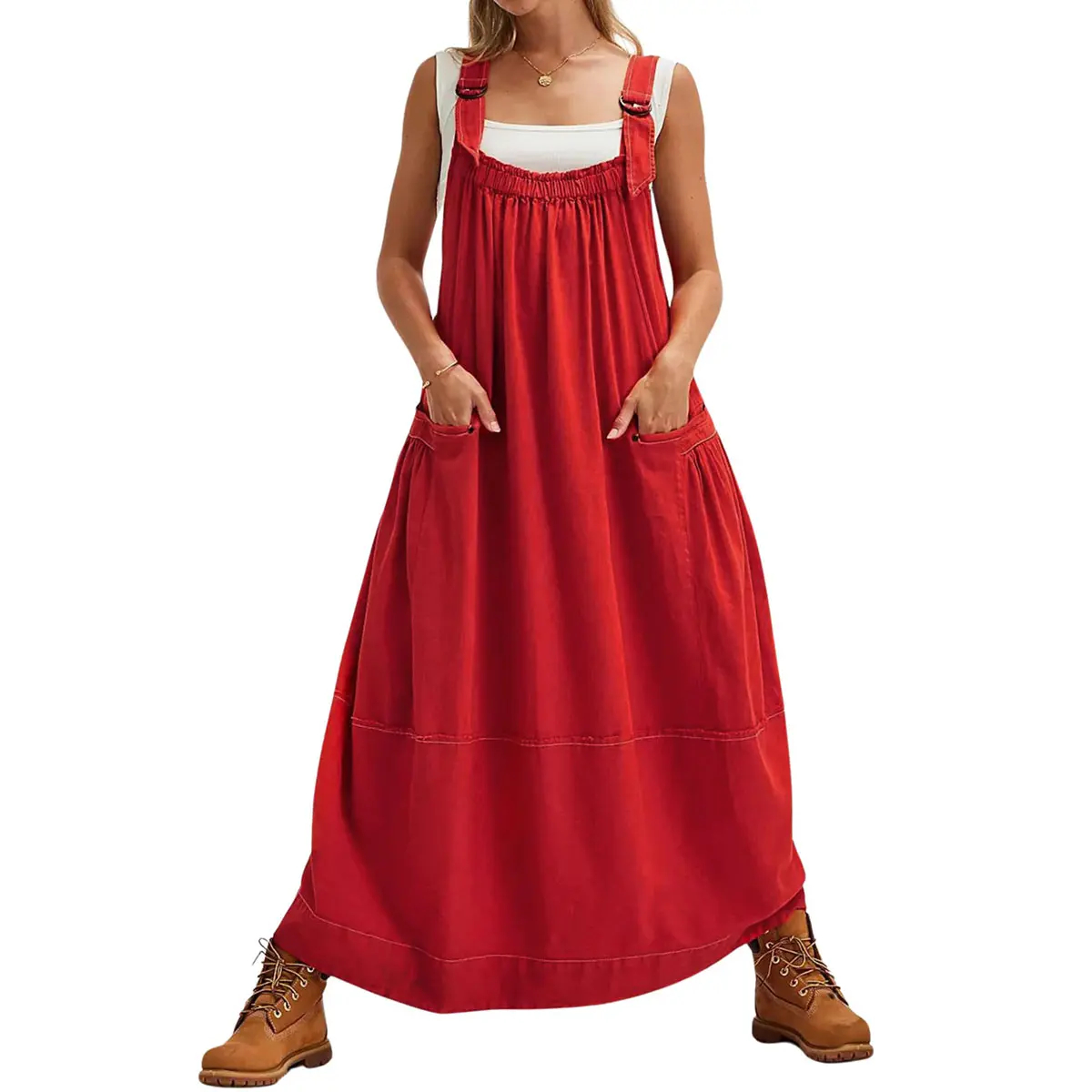 Sleeveless Strappy Maxi Dress with Big Pockets & Adjustable Straps