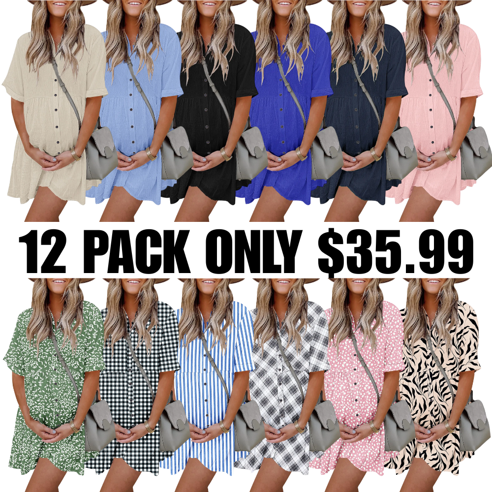 Babydoll Dress for Women Short Sleeve Button Down Textured Non-clingy Loose Fit Flowy Mini Dress with Pockets