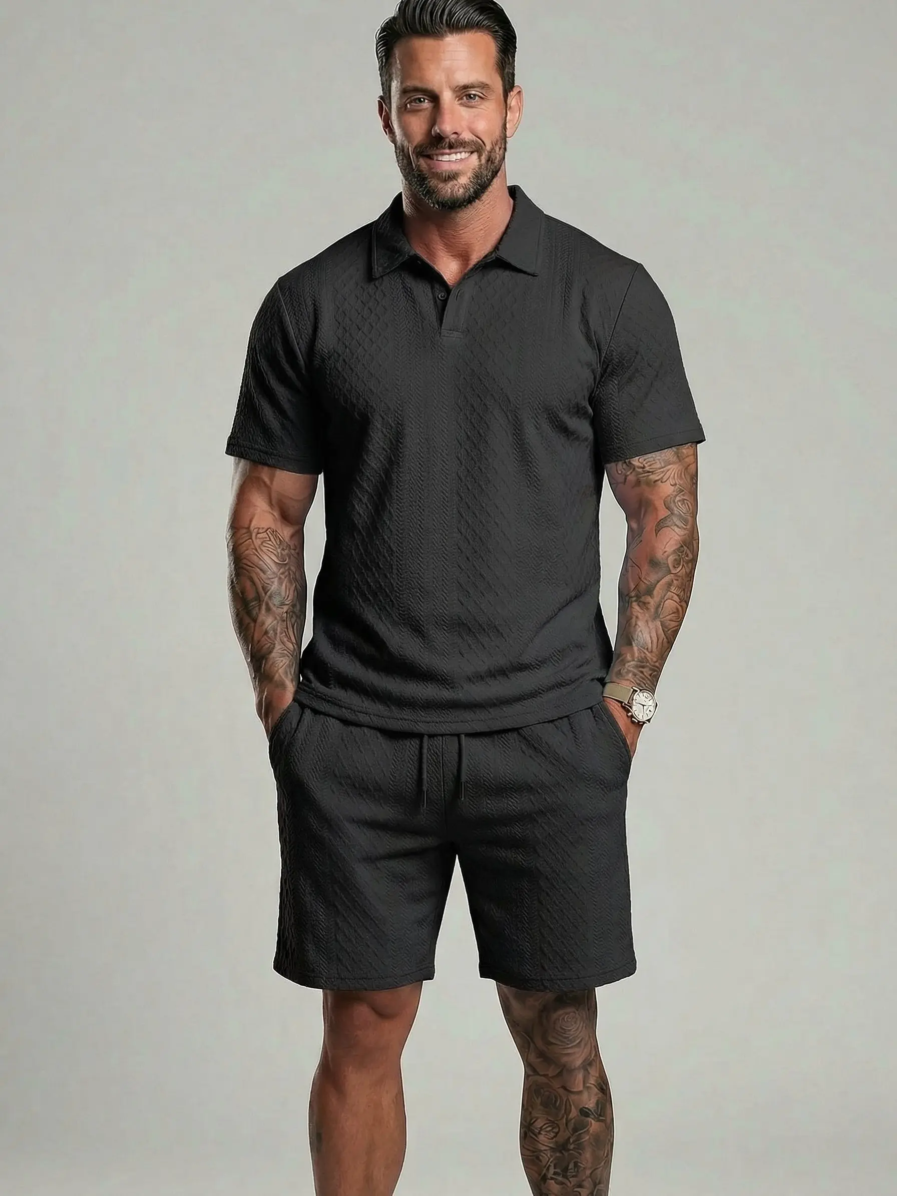 Men's Solid Polo Shirt & Drawstring Waist Shorts Set Cozy Breathable Two-piece Outfits for Daily Outdoor Wear Menswear Suits