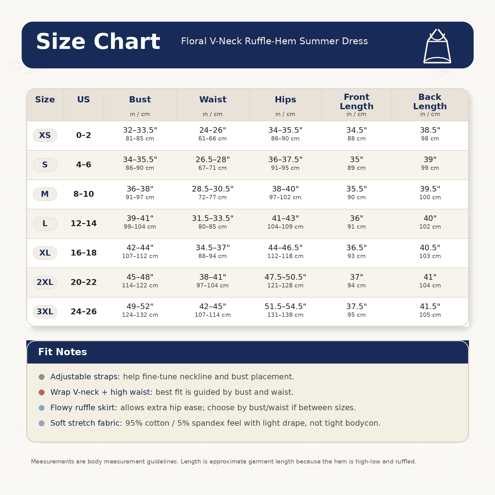 Size chart for floral V-neck ruffle-hem summer dress