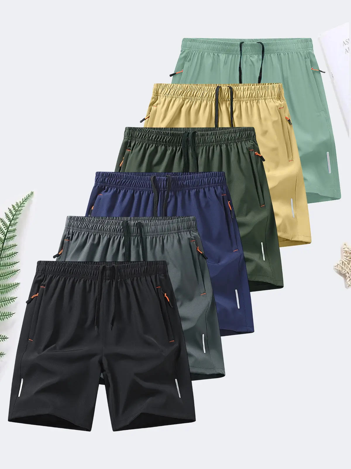 6-piece set, men's zipper pocket shorts, summer ice silk beach shorts
