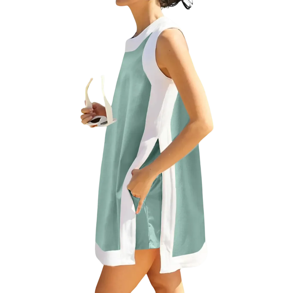 Women's color-blocked crew neck sleeveless pullover with shorts with pockets