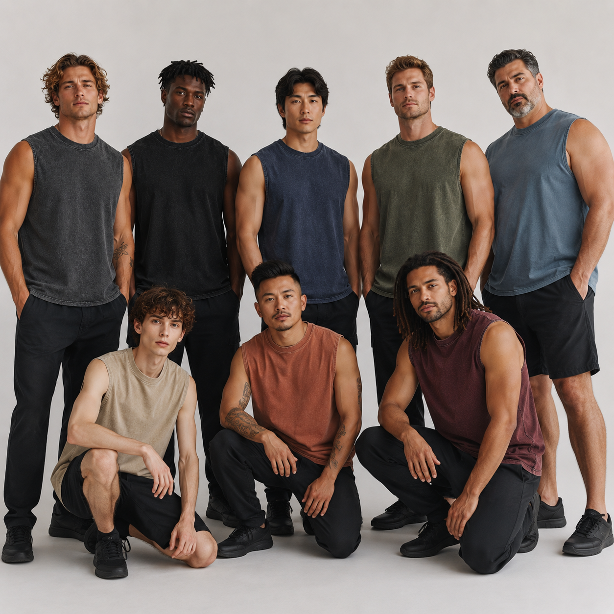 8-model group photo of men's mineral-washed sleeveless tank tops