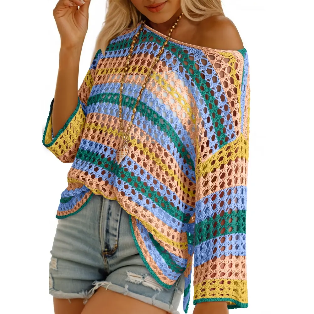 Pastel peach striped hollow-out crochet top