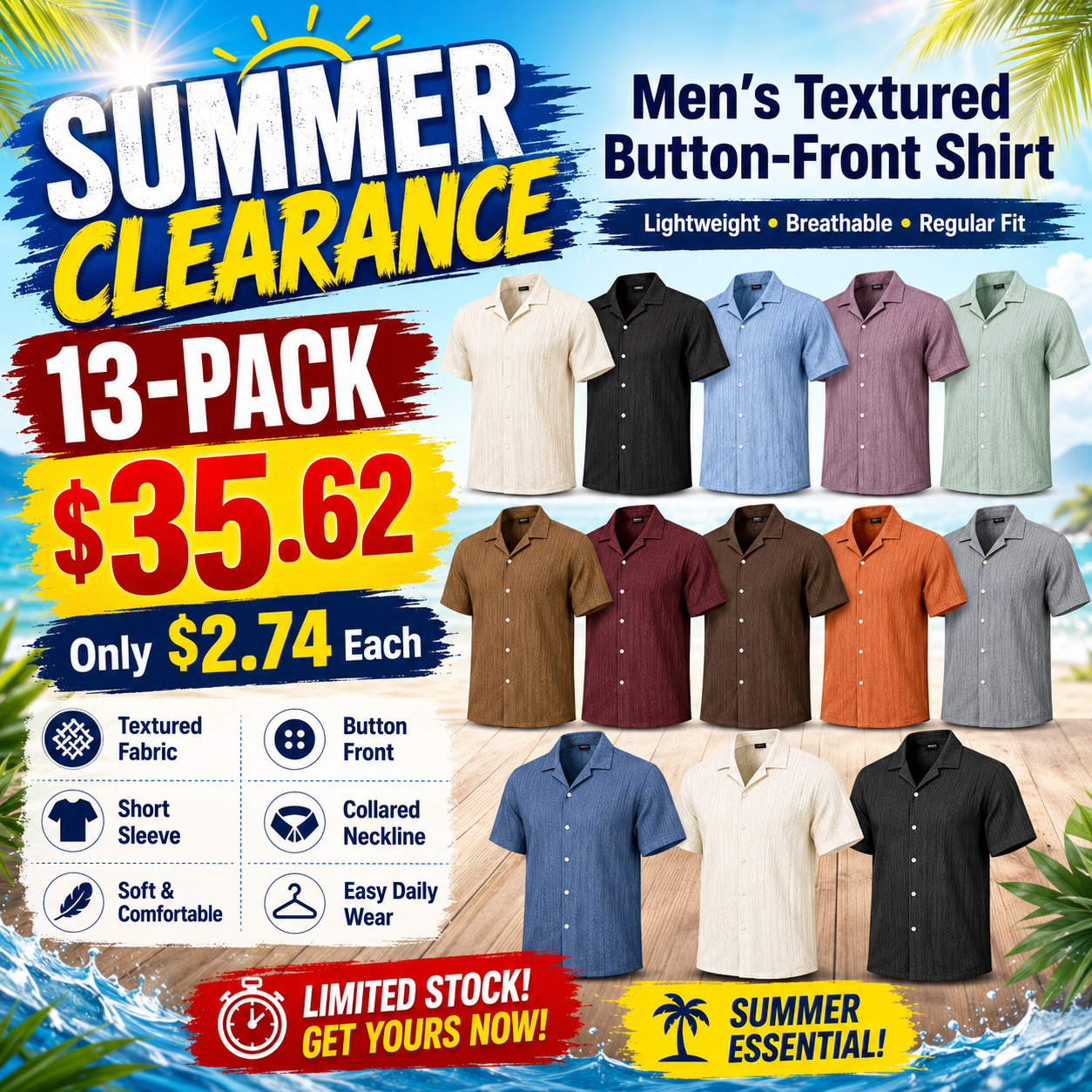 Men's Casual Textured Button Down Shirt - Summer Fit