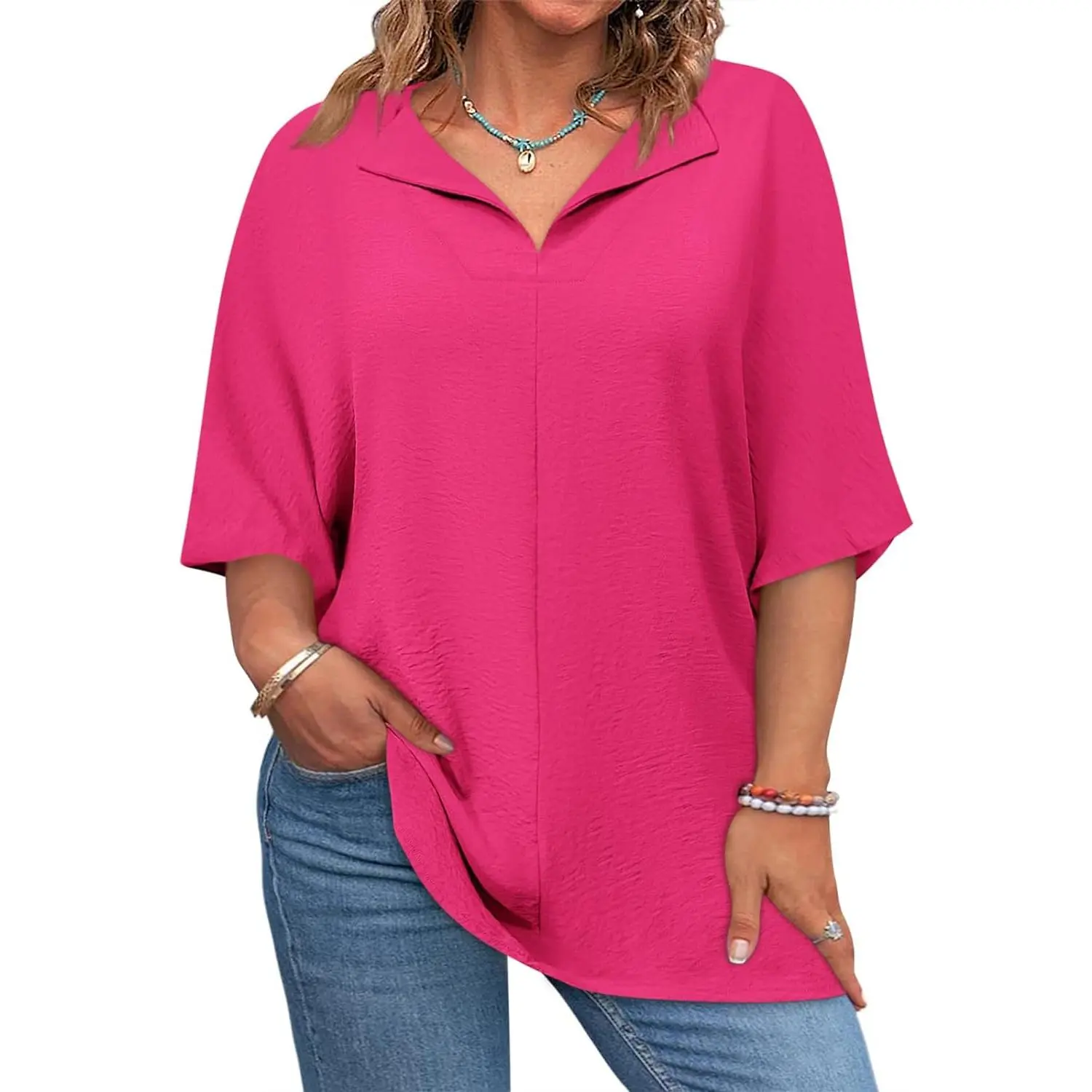 Hot pink women’s casual V-neck loose-fit blouse
