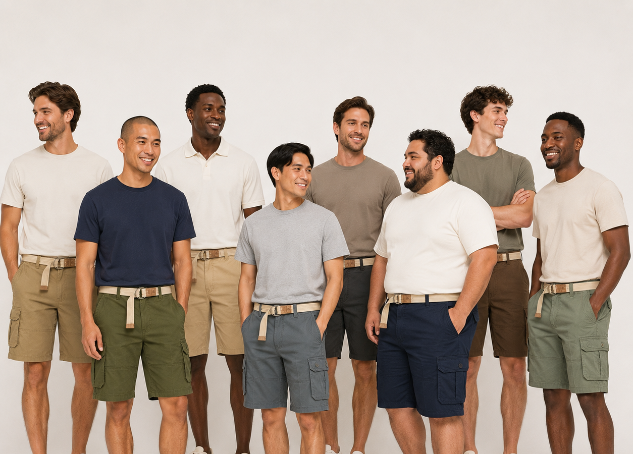 Eight adult models wearing assorted men's belted cargo shorts