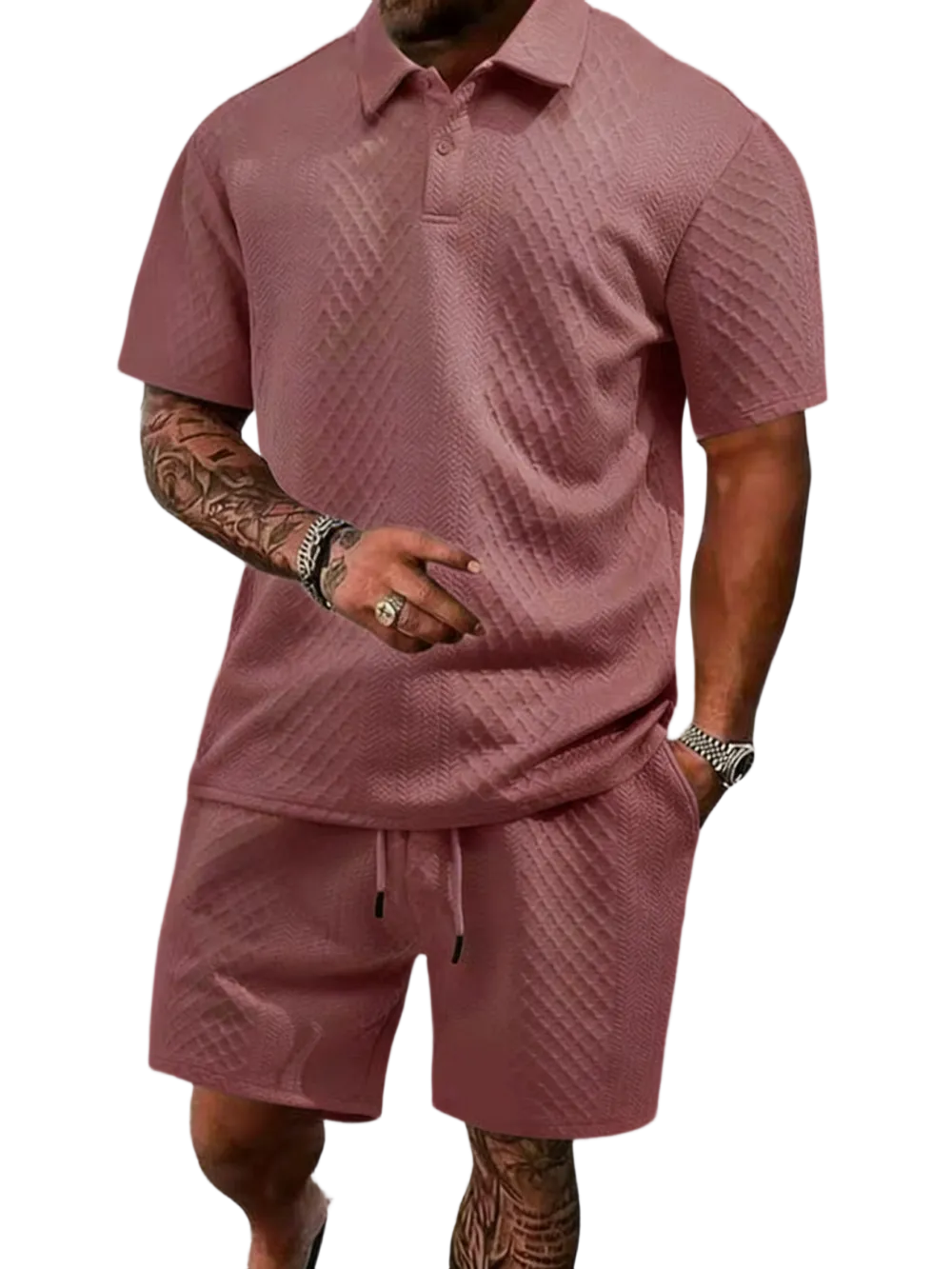 Men's Summer Casual Textured Polo Shirt and Shorts Two-Piece Set