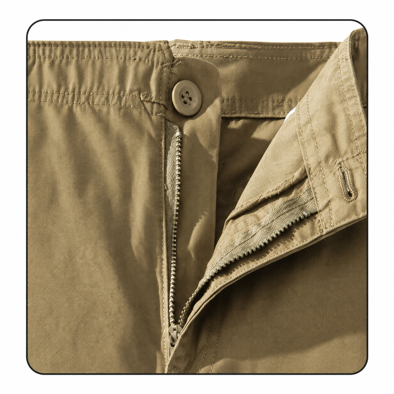 Button and zipper detail on men's belted cargo shorts
