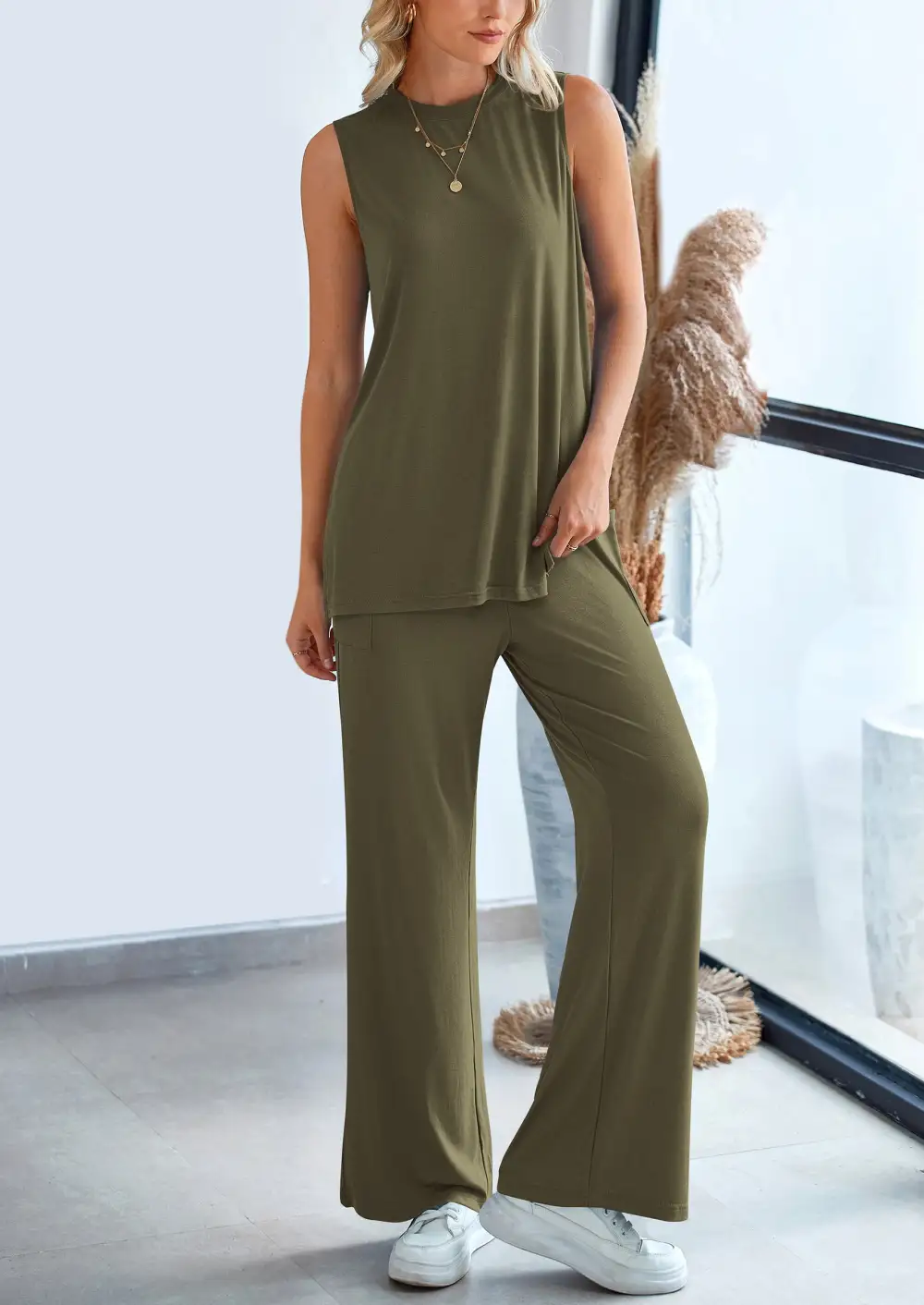 2 Piece Set LooseTank Top Wide Leg Pants CasualMatching Outfits Tracksuit