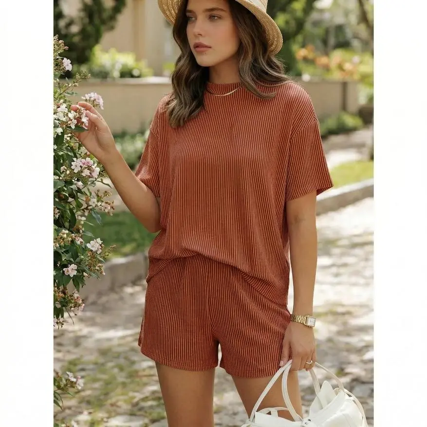Summer Women's Ribbed Knit Lounge Set - Short Sleeve Crew Neck Top & High Waisted Shorts with Pockets, Soft Pajamas Loungewear Mother's Day Gift
