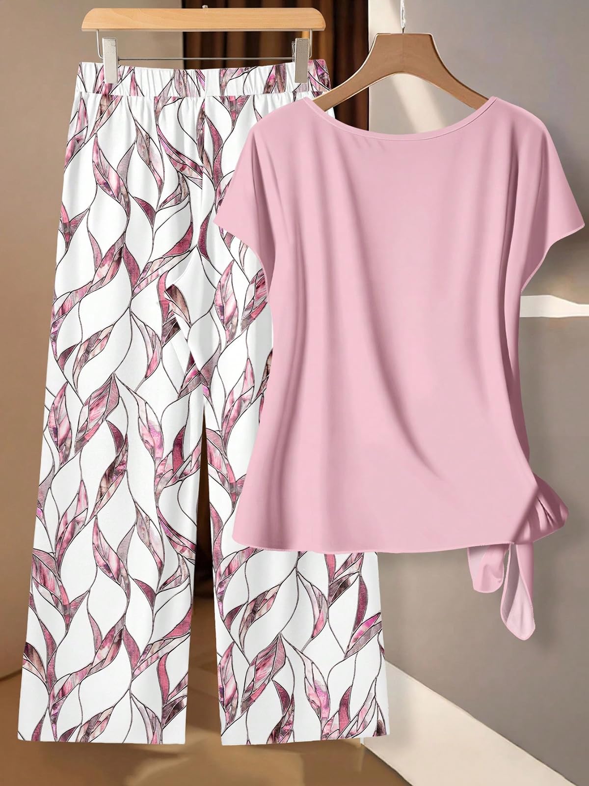 Women s Casual Printed Necktie Shirt & Loose Straight Pant Set