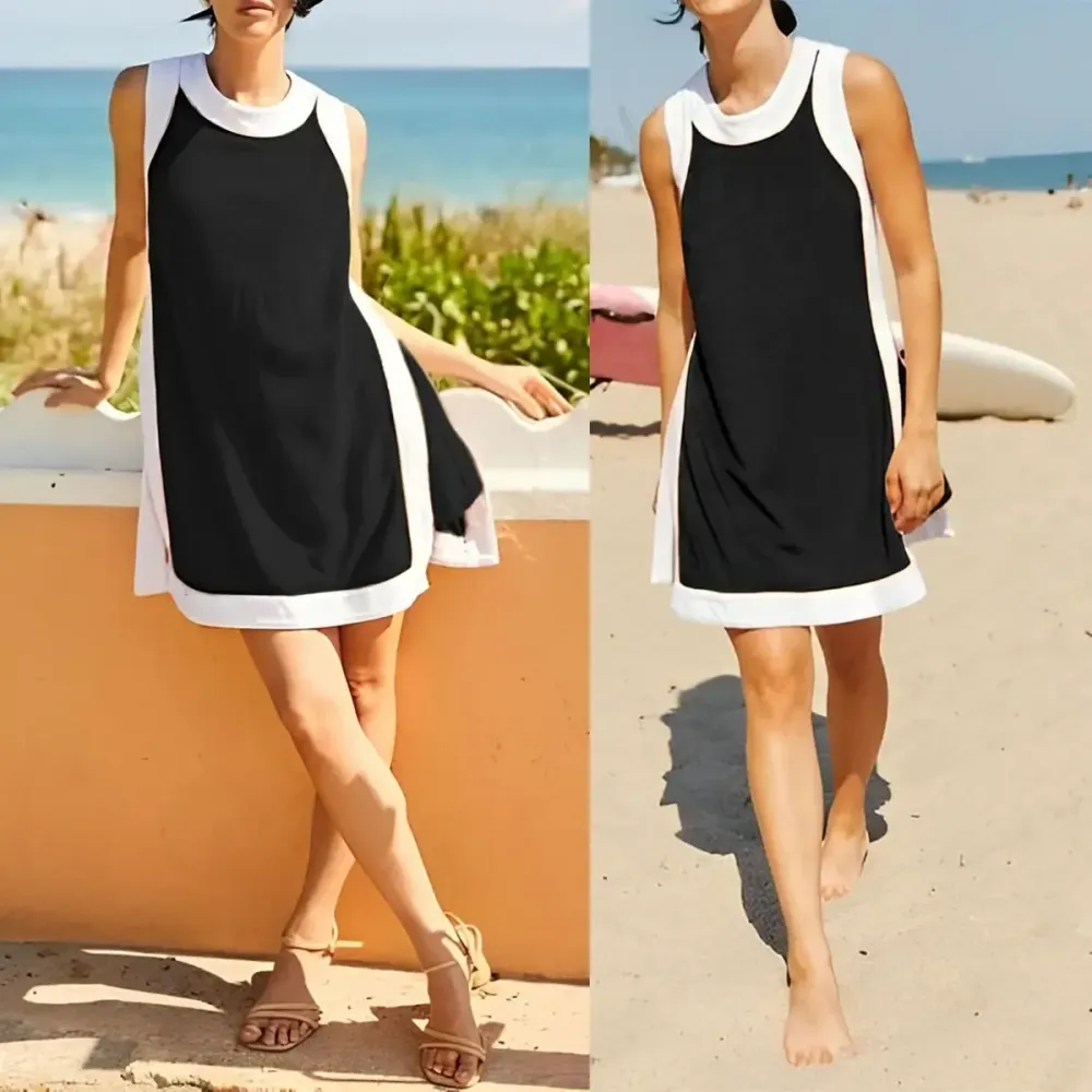 Women's color-blocked crew neck sleeveless pullover with shorts with pockets