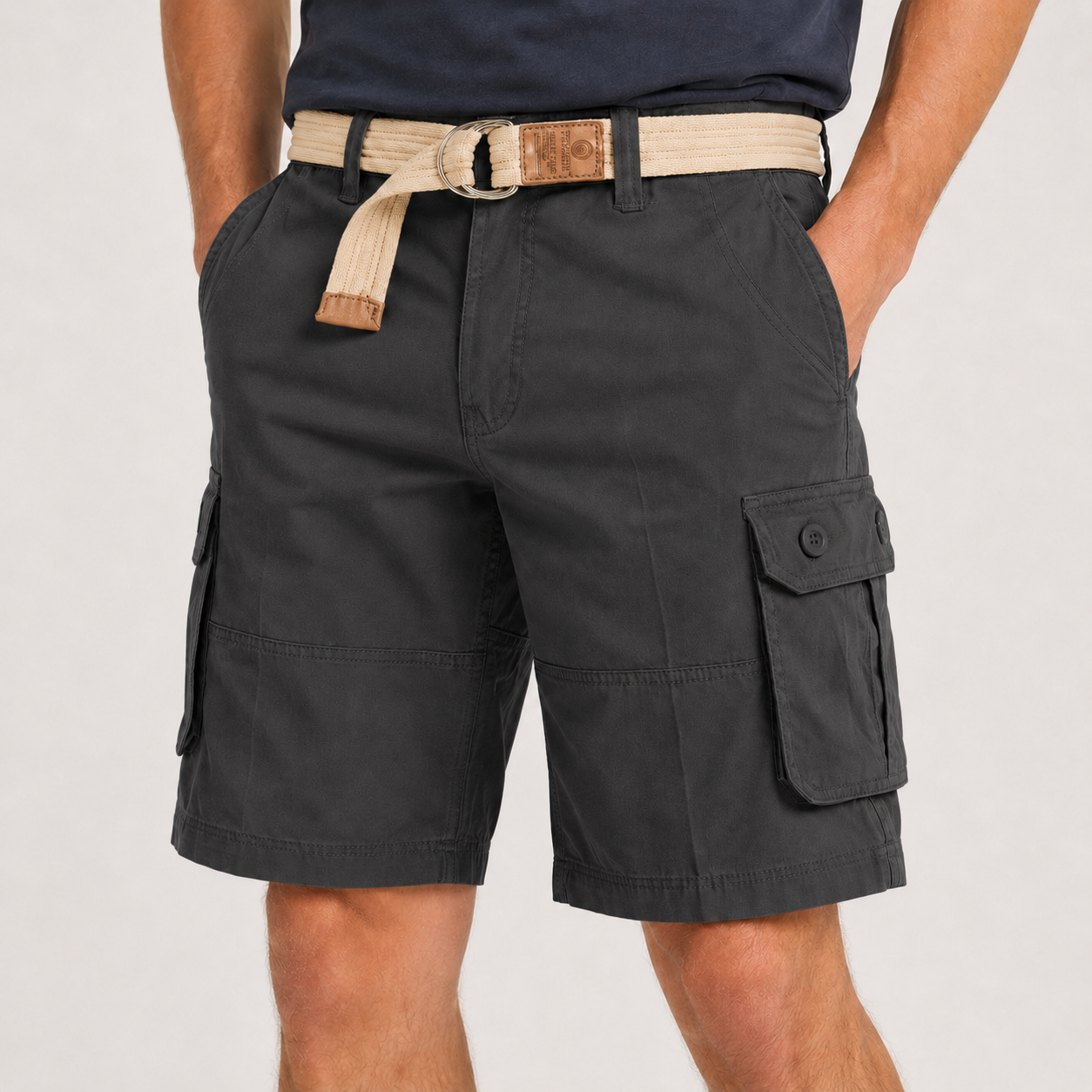 Charcoal Gray men's belted cargo shorts