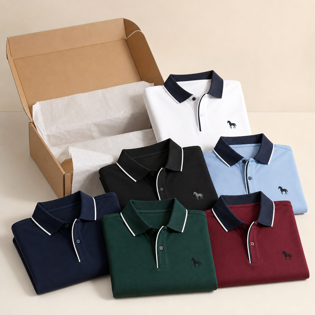 AI generated packaged 6-pack polo shirt bundle