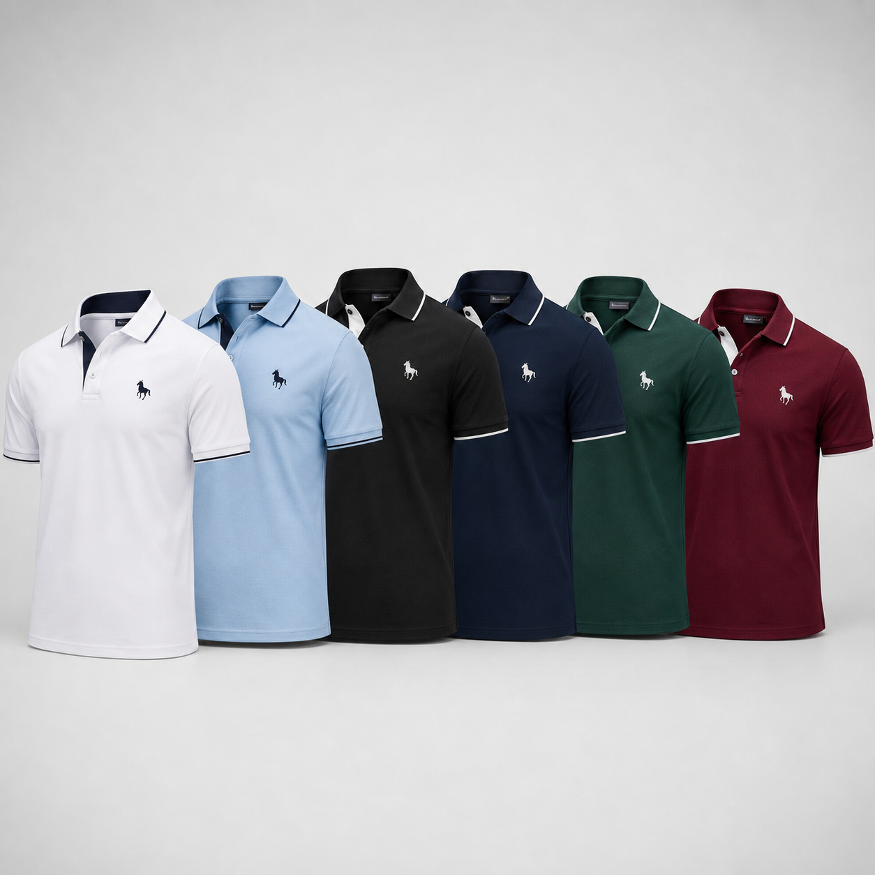 AI generated six color contrast collar polo lineup
