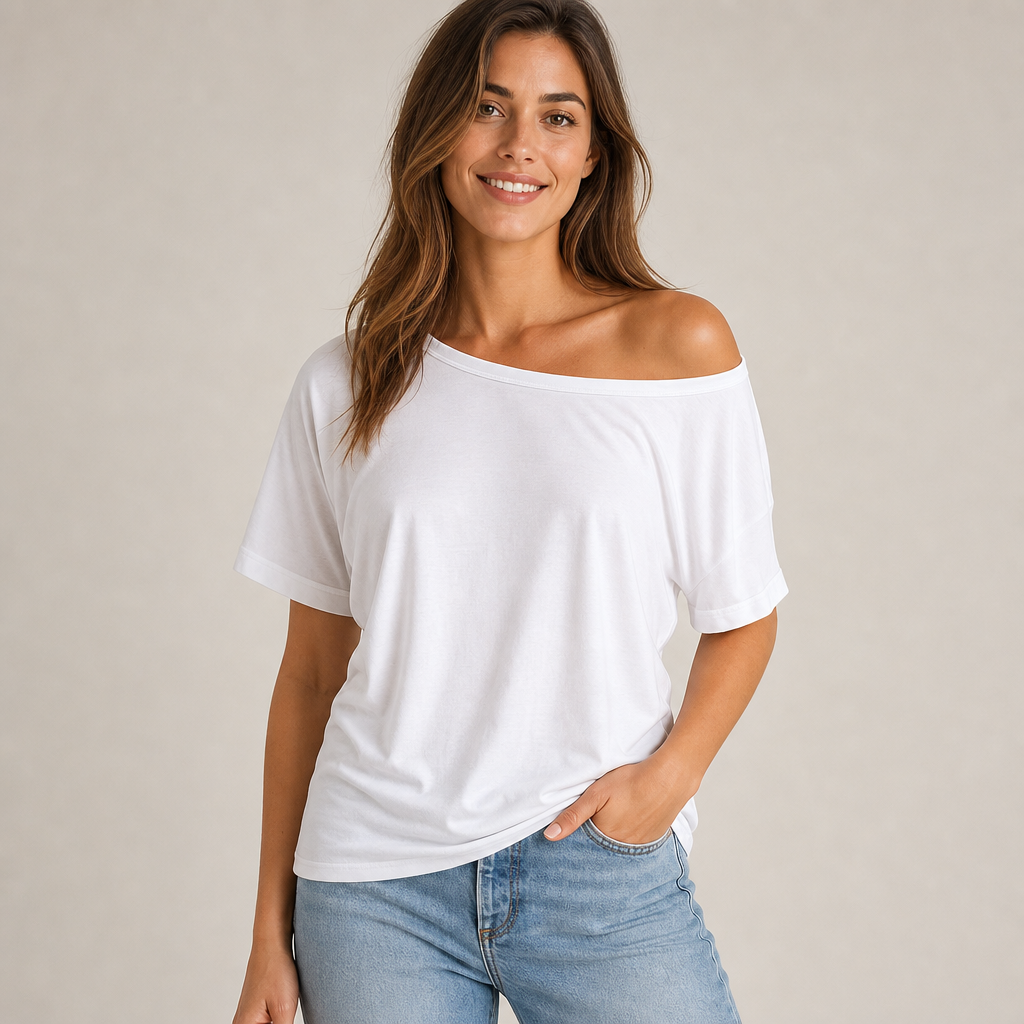 Women off shoulder short sleeve tee front fit gallery image