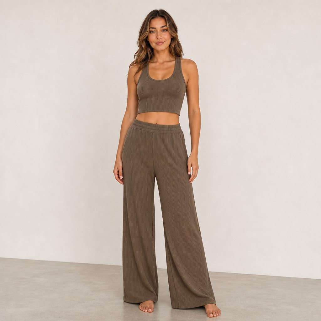 Women ribbed tank and wide leg lounge pants set front fit gallery image