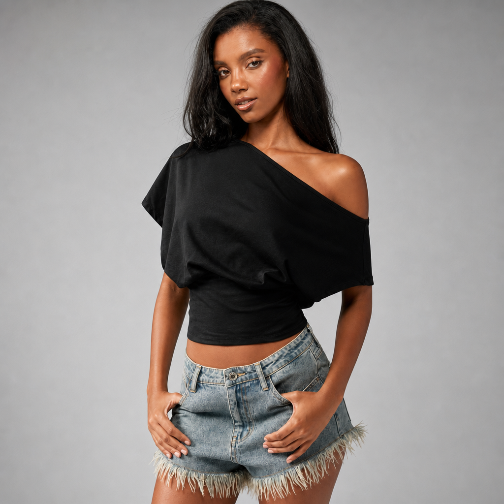 Women asymmetric off-shoulder cropped tee front fit gallery image