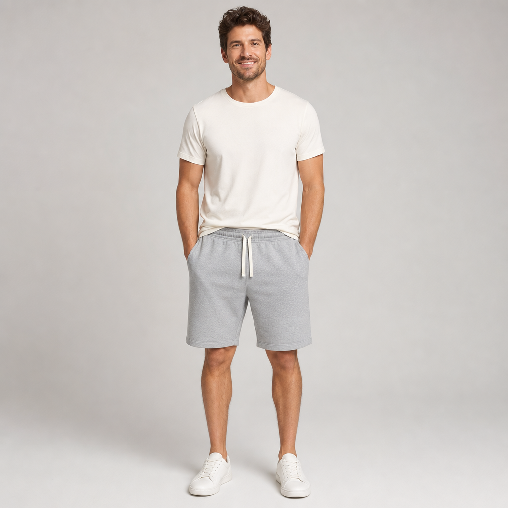Men plain cotton-blend drawstring sweat shorts front worn image