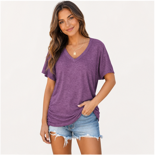 Women loose fit V-neck dolman sleeve top front fit gallery image