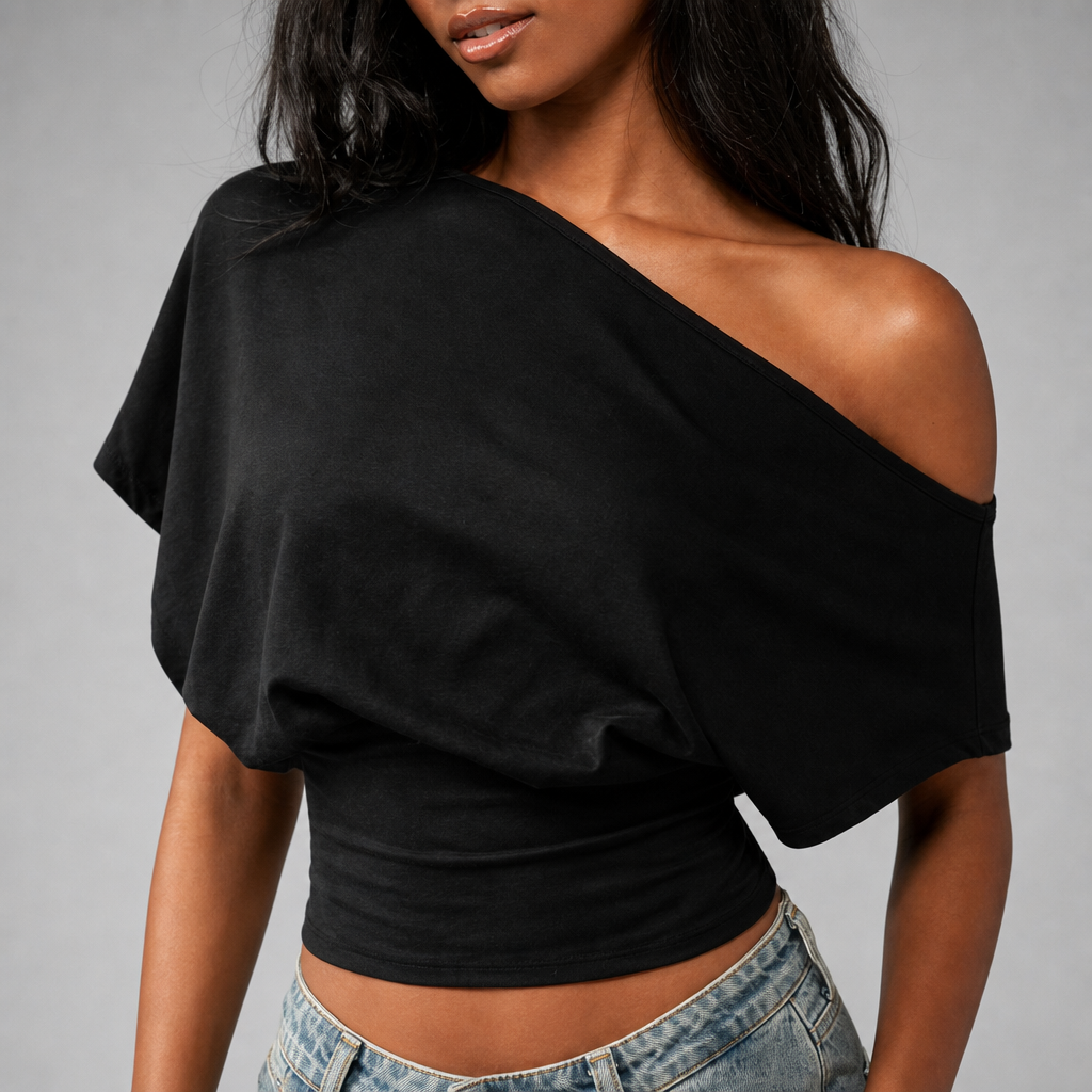 Women asymmetric off-shoulder cropped tee neckline and fabric detail gallery image