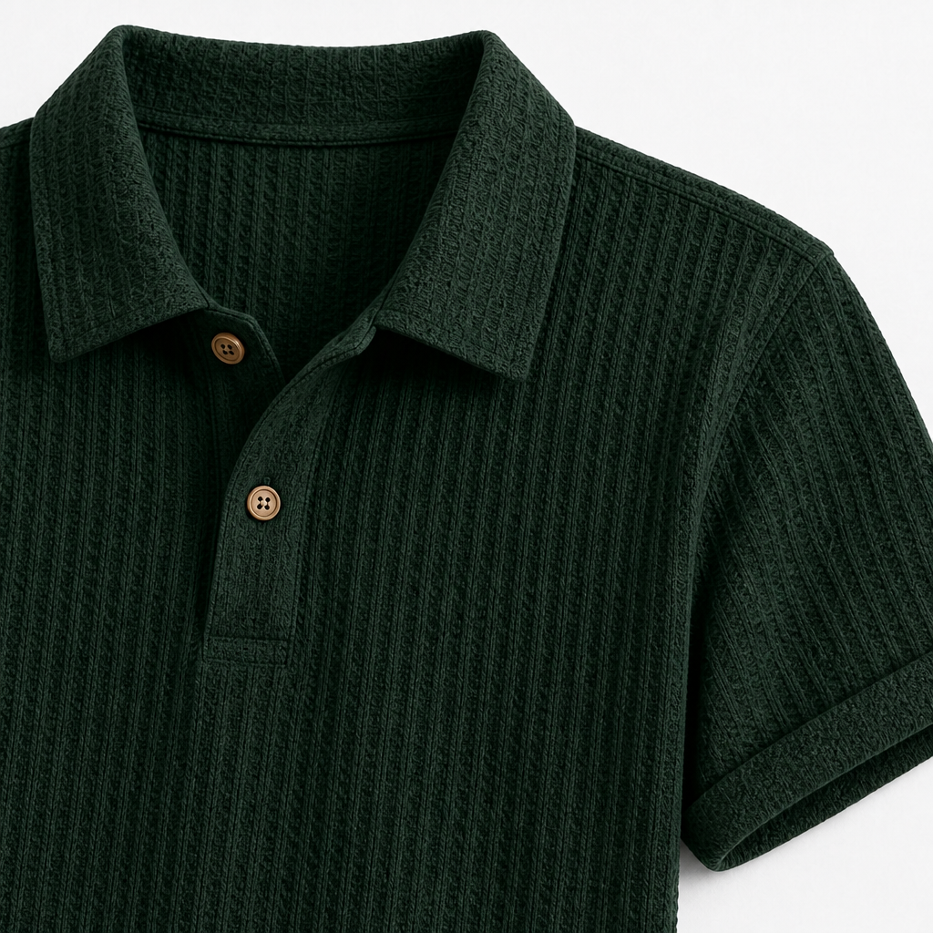 Men waffle textured short sleeve polo waistband drawstring pocket detail image