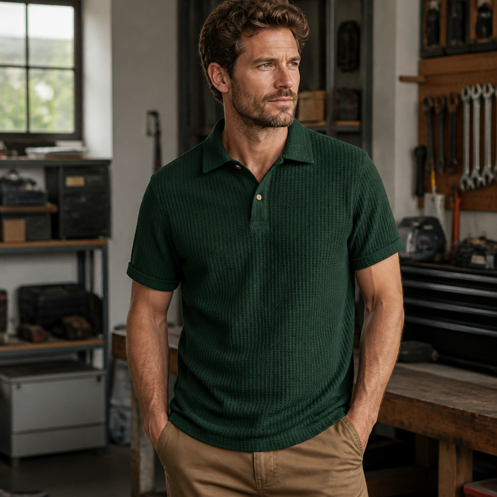 Men waffle textured short sleeve polo lifestyle workshop image