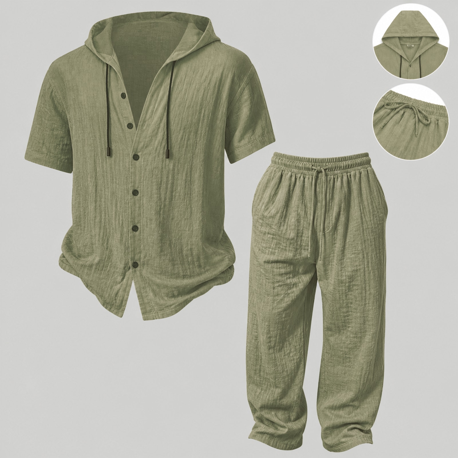 Mens Summer Hooded Sweatshirt Wide Leg Pants Set Mens Simple Casual Hooded Short Sleeve Shirt Button Loose Wide Leg Pants Holiday Relaxed Short Sleeve Two-piece Set Olive 1 Set
