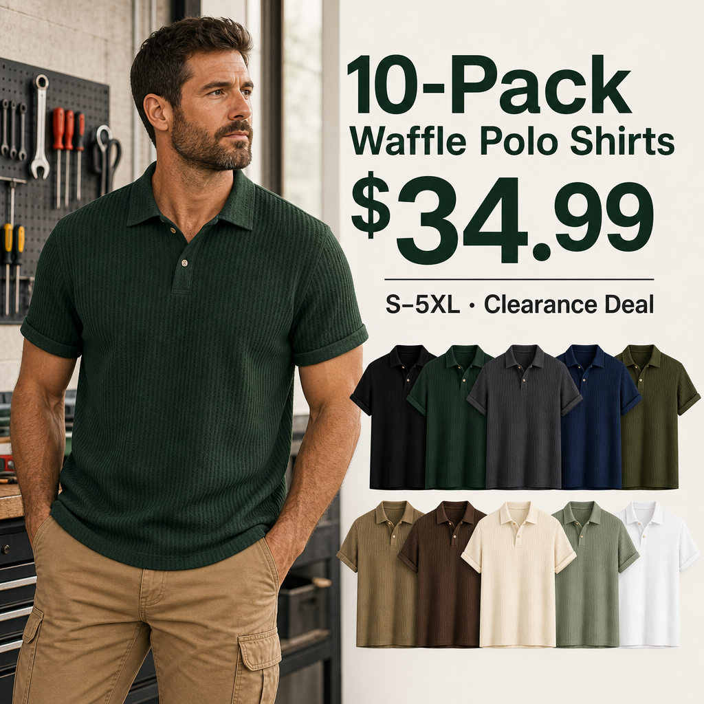 10-Pack Waffle Polo Shirts $34.99 clearance promotional image