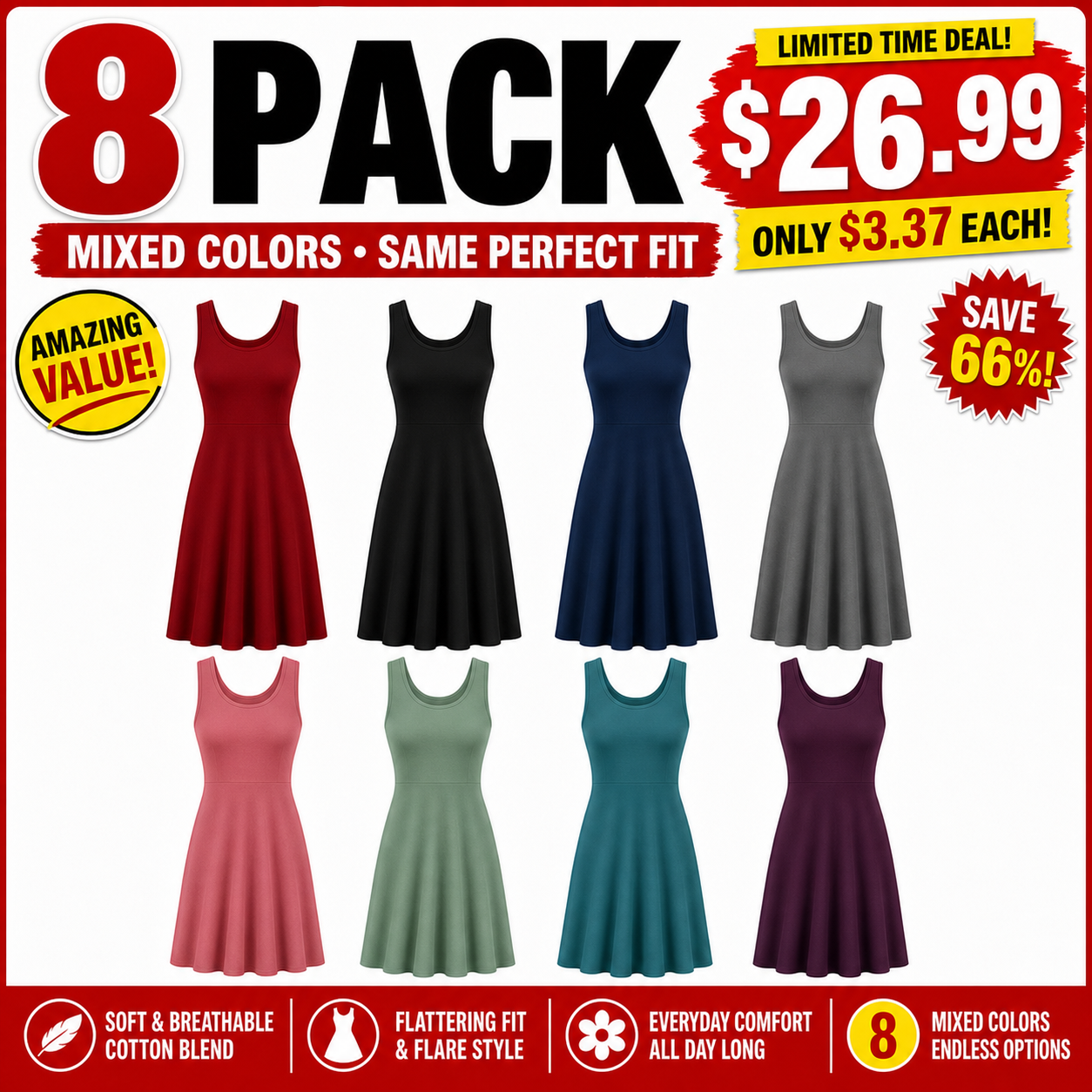 Mixed 8-Pack bundle image showing the scoop-neck fit-and-flare dresses