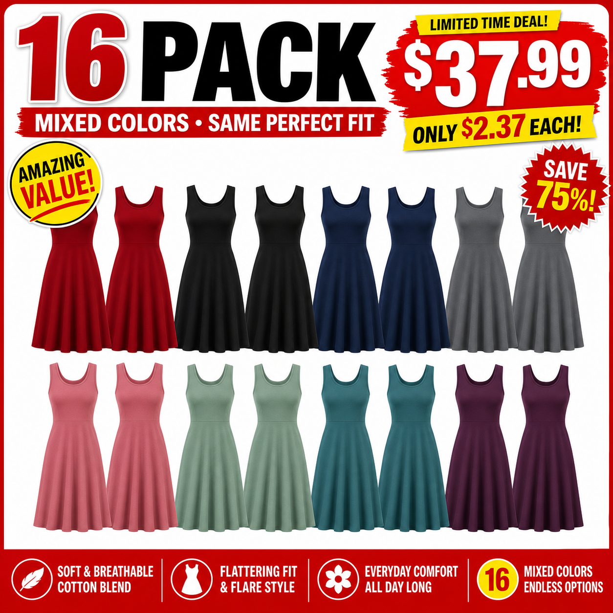 Mixed 16-Pack value bundle image for the scoop-neck fit-and-flare dresses
