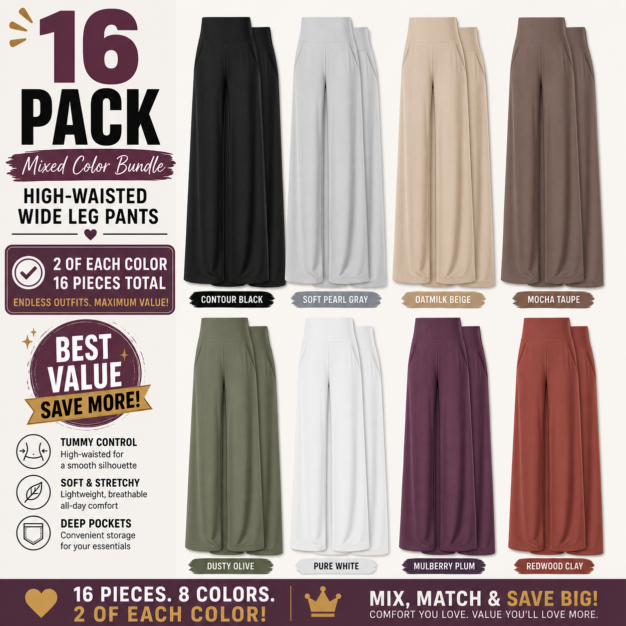 Limited Deal 8-Pack Women's High-Waisted Wide Leg Stretch Pants with Deep Pockets