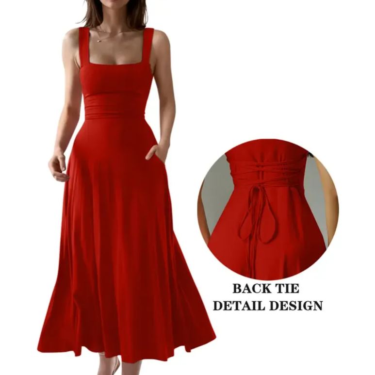 Women's Casual Sleeveless Square Neck A-Line Solid Slim Flowy Long Dress with Pockets & Back Tie Detail Design