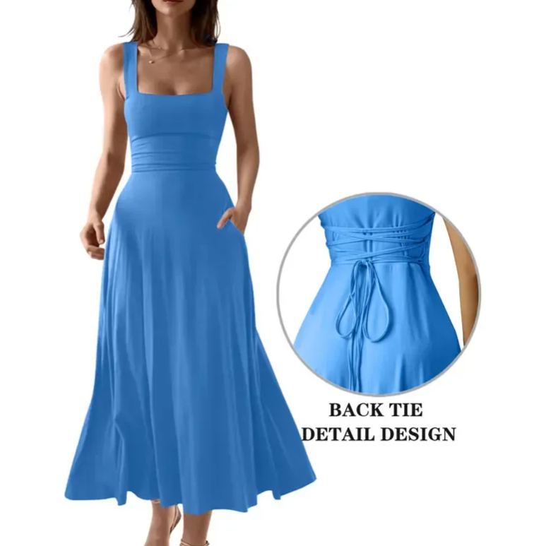 Women's Casual Sleeveless Square Neck A-Line Solid Slim Flowy Long Dress with Pockets & Back Tie Detail Design