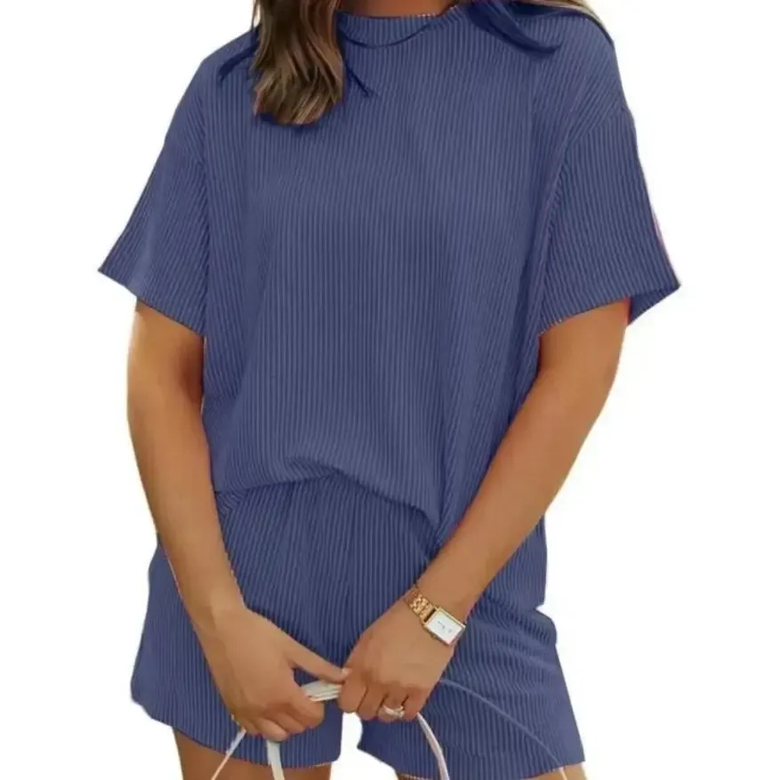 Summer Women's Ribbed Knit Lounge Set - Short Sleeve Crew Neck Top & High Waisted Shorts with Pockets, Soft Pajamas Loungewear Mother's Day Gift