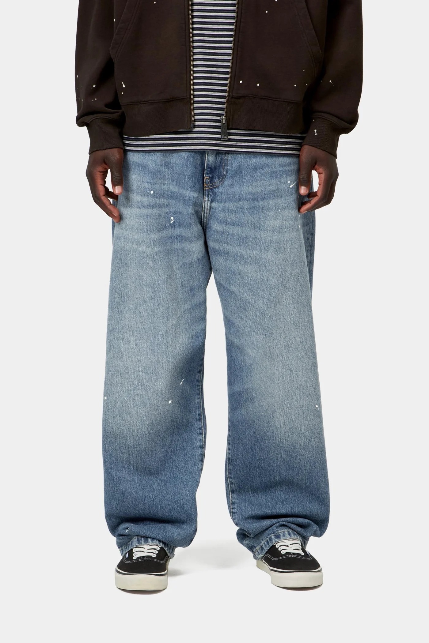 Men's straight-leg jeans with distressed stains