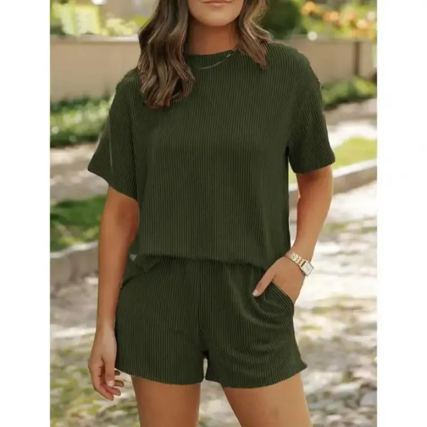 Summer Women's Ribbed Knit Lounge Set - Short Sleeve Crew Neck Top & High Waisted Shorts with Pockets, Soft Pajamas Loungewear Mother's Day Gift