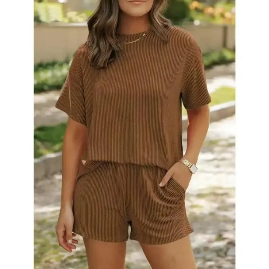 Summer Women's Ribbed Knit Lounge Set - Short Sleeve Crew Neck Top & High Waisted Shorts with Pockets, Soft Pajamas Loungewear Mother's Day Gift