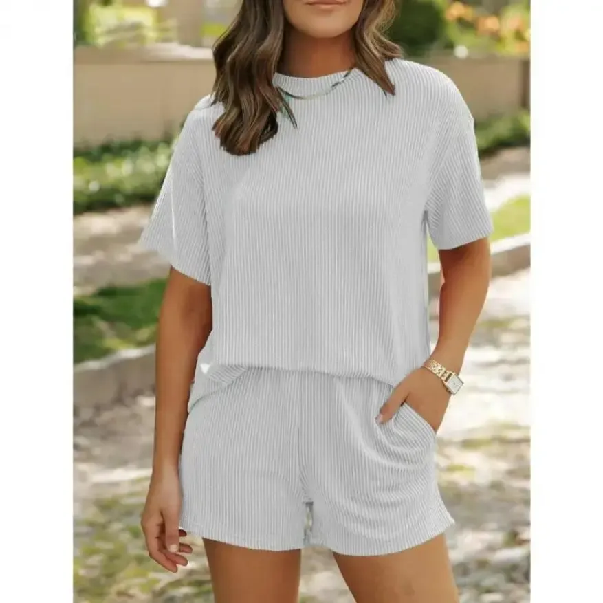 Summer Women's Ribbed Knit Lounge Set - Short Sleeve Crew Neck Top & High Waisted Shorts with Pockets, Soft Pajamas Loungewear Mother's Day Gift