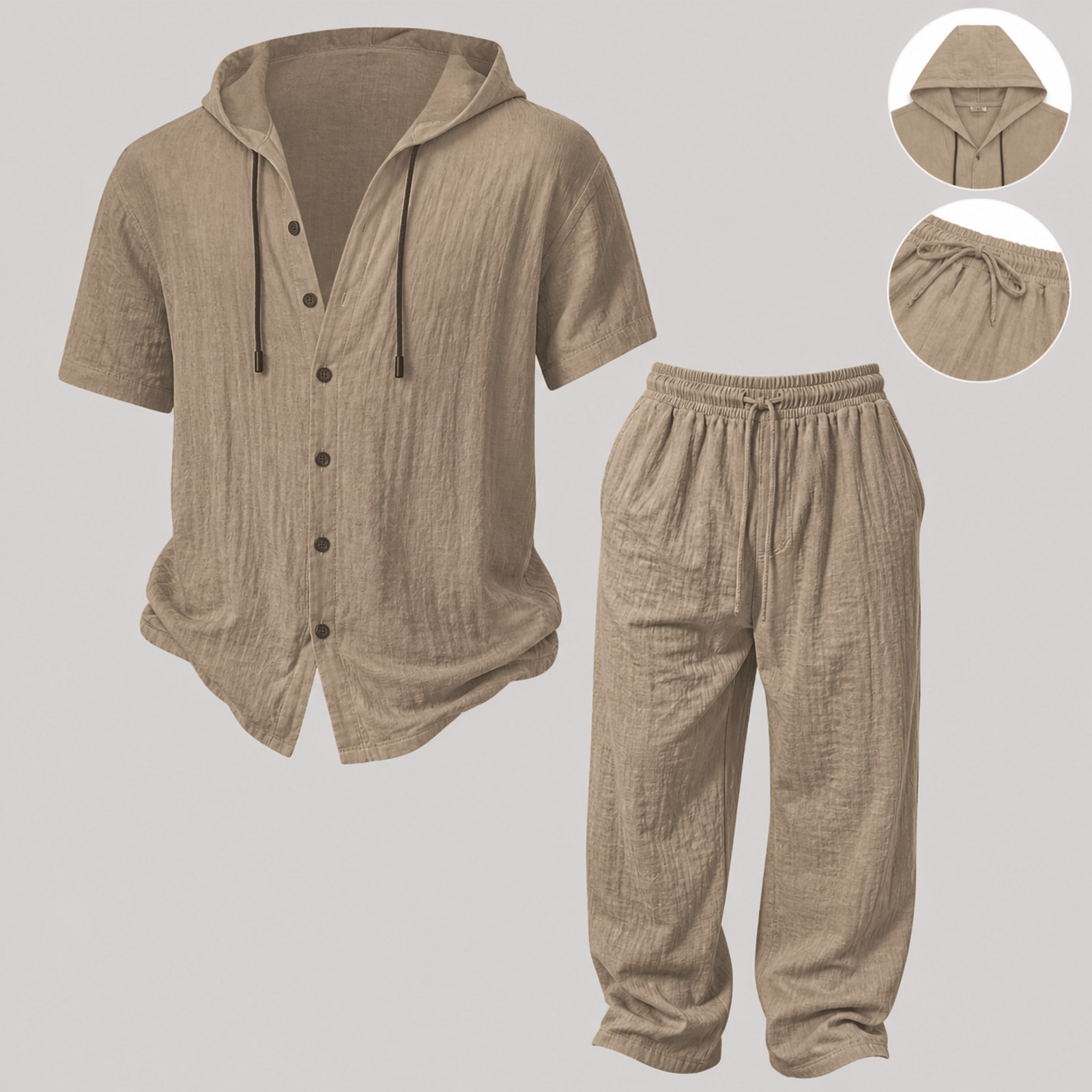 Mens Summer Hooded Sweatshirt Wide Leg Pants Set Mens Simple Casual Hooded Short Sleeve Shirt Button Loose Wide Leg Pants Holiday Relaxed Short Sleeve Two-piece Set Mocha 1 Set