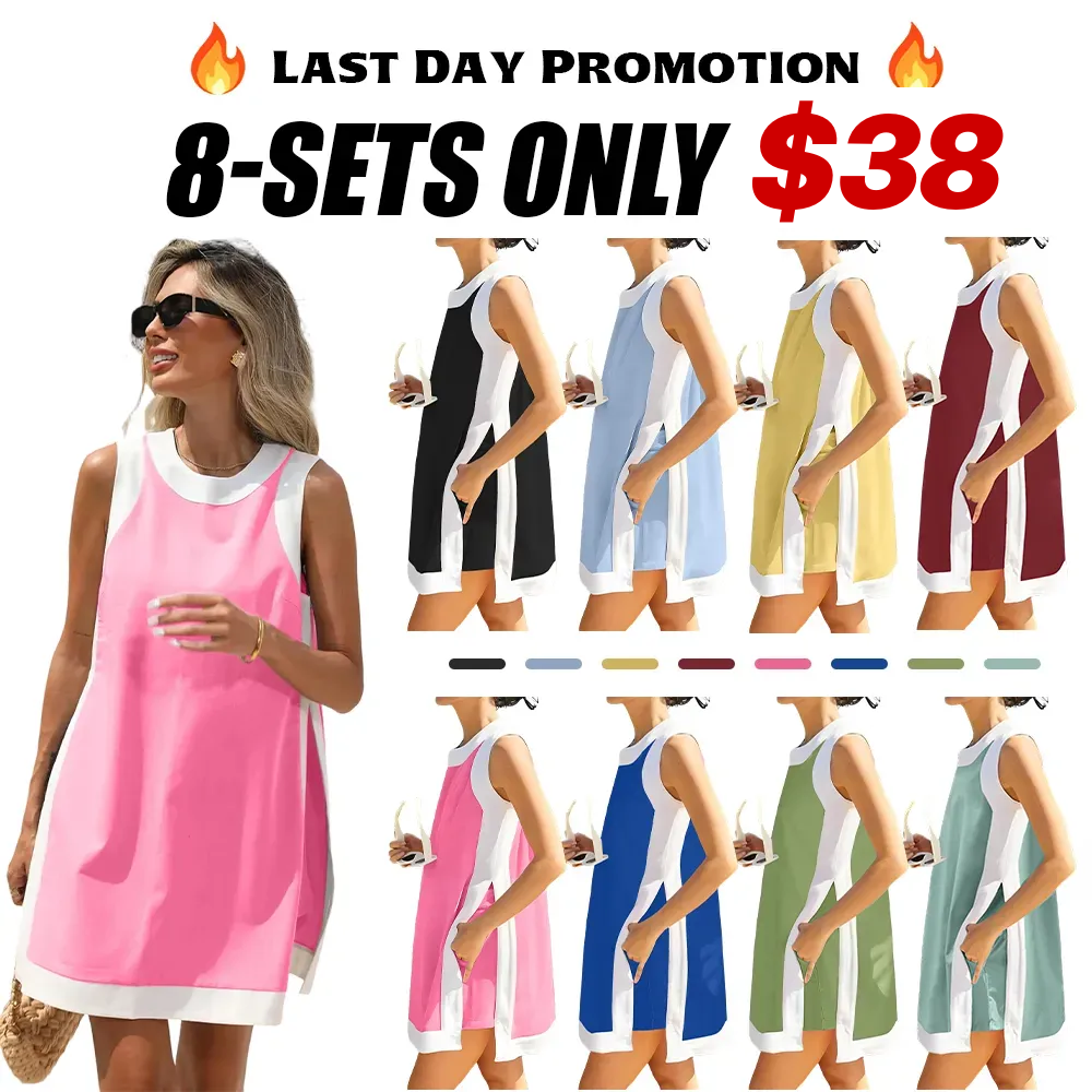 Women's color-blocked crew neck sleeveless pullover with shorts with pockets