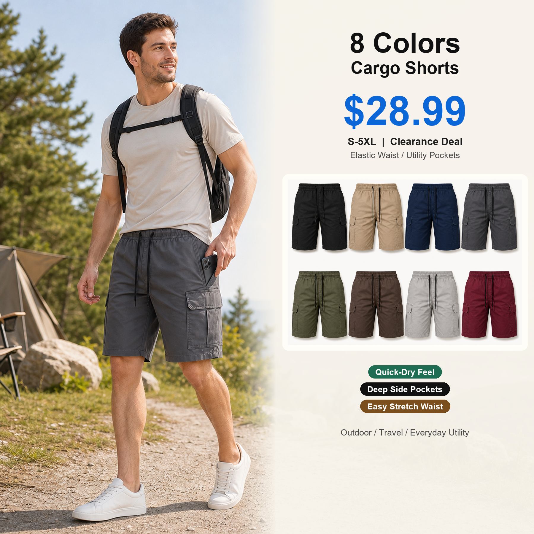 Main image - model with 8 color cargo shorts